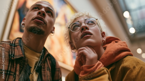 Non-Binary Friends Looking at Painting in Art Gallery