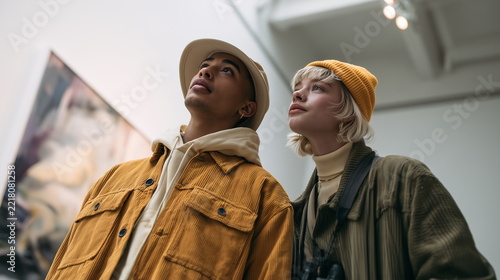 Non-Binary Friends Looking at Painting in Art Gallery