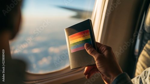 Close Up of Hand Holding Passport with Pride Sticker in Airplane