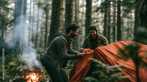 Same-Sex Couple Setting Up Camping Tent in Forest