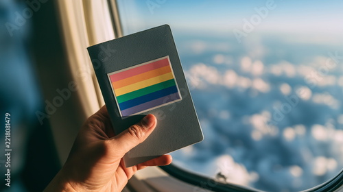 Close Up of Hand Holding Passport with Pride Sticker in Airplane