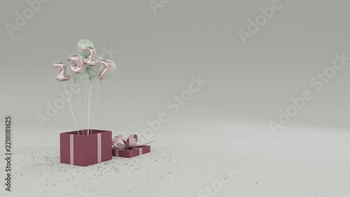 New Year 2027 Balloon Reveal from Gift Box Burgundy & Rose Gold Festive Celebration Animation with Copy Space.