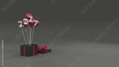 New Year 2027 Balloon Reveal from Gift Box Black & Crimson Festive Celebration Animation with Copy Space