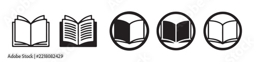 Open book circular badge icons set with outline and silhouette styles for academic and library branding.