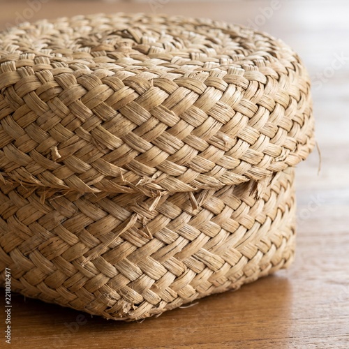 Handmade Woven Rattan Box Basket Closeup Texture Background