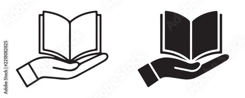 Open book in hand icon set in thin line and solid black styles for education or library service application.