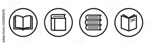 Open books and stack of reading materials collection outline style graphic elements for educational digital interface.