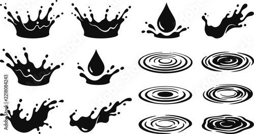 Black silhouette vector icons of liquid splashes drops and water ripples with splashes