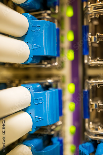 Blue Fiber Optic Cables Connected to Network Switch Panel