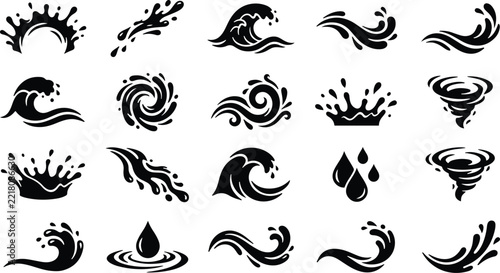 Set of black vector wave and water splash icons on white background with illustration