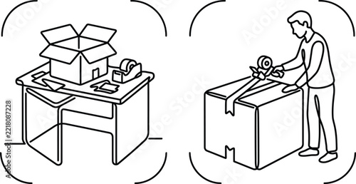 Man packing cardboard box with tape dispenser vector illustration for