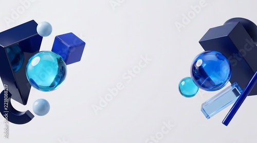 Abstract 3D rendering with blue glass spheres and geometric shapes floating on a light background with copy space