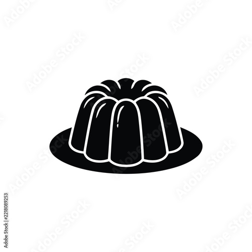 Minimalist Black Fluted Jello Mousse Budin Pudding Icon, Vector Dessert Cake Silhouette on Plate, Flat Food Illustration for App Menus