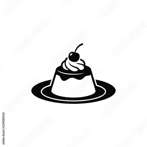 Black Jelly Dessert Icon with Cherry on Plate, Vector Pastry Design, Simple Pudding and Sweet Meal Symbol for Menu