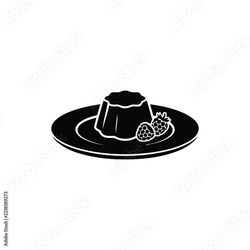 Minimalist black pudding icon on a plate with berries, monochrome vector symbol for food menues and app design