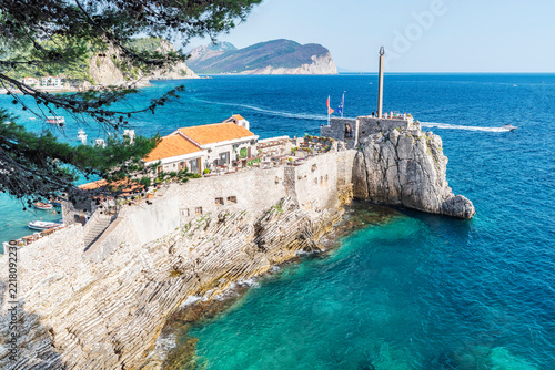 Gorgeous picturesque view on old medevial fortress on cliff in Petrovac, Montenegro