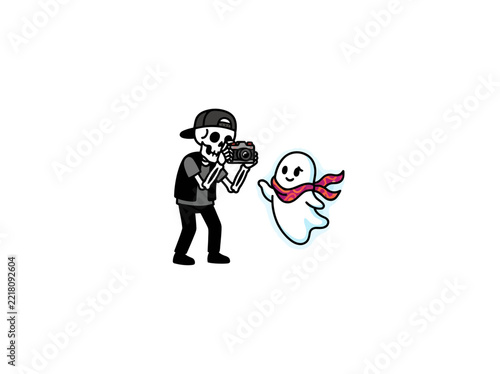 Skeleton Photographer Holding Camera Beside Smiling Ghost With Colorful Scarf, Playful Halloween Character Scene For Spooky Party Designs, Vector Illustration