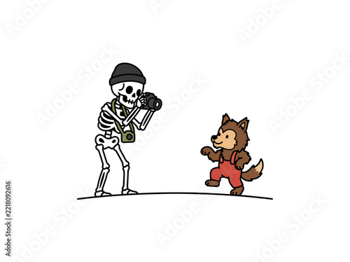 Cartoon Skeleton Wearing A Beanie Photographing A Wolf Character In Red Overalls, Playful Character Scene With Camera And Quirky Costume Details Vector Illustration