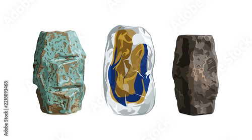 Three stylized ancient stone heads isolated on a black background