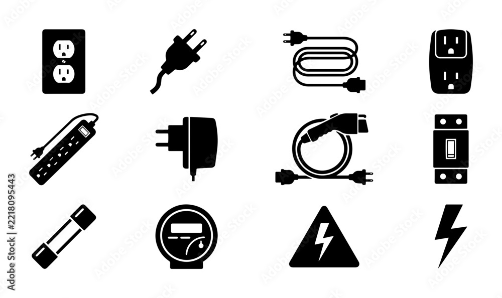 Fototapeta premium Electrical Power Icons Set, Energy Symbols, Plug and Socket Vector Graphics