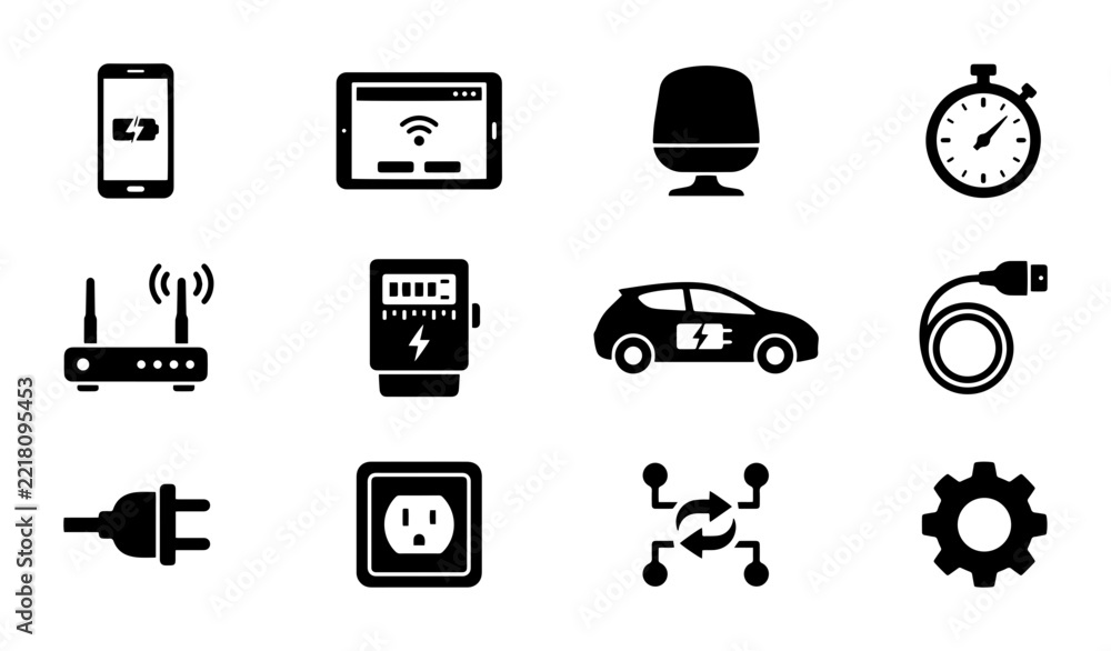 Fototapeta premium Electric Vehicle Icons, Smart Home Tech, Power & Connectivity Icons