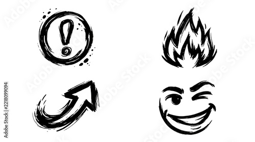 Hand drawn icons set featuring warning fire arrow and happy face