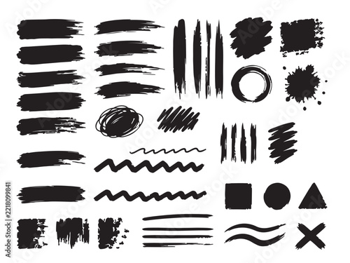 Set of black grunge brush strokes vector textures, hand drawn paint smears and dry ink lines collection, acrylic paint splatters for design