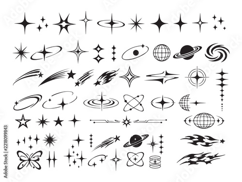 Set of Y2K starburst vector icons, retro futuristic sparkles and geometric symbols collection, cyber spark and flash line art for design