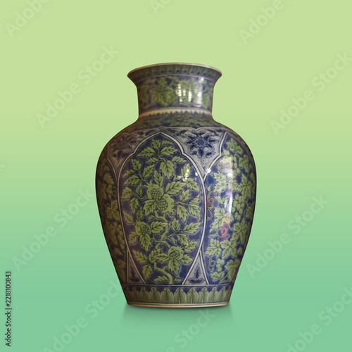 front view antique large blue and green ceramic pot on green background, object, decor, fashion, ancient, copy space