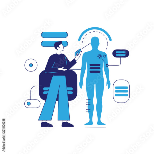 Doctor scanning human body with digital scanner for healthcare diagnostics vector illustration
