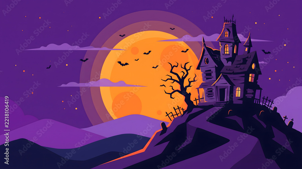 Fototapeta premium Spooky haunted house silhouette under full moon