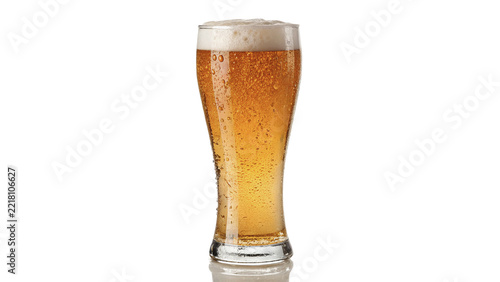 Full tall glass of fresh cold yellow lager beer isolated on transparent background