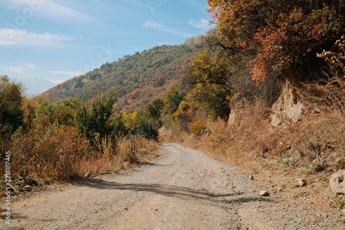 Gravel mountain road leading through dry autumn vegetation toward wooded hills, creating a scenic countryside setting for travel and outdoor recreation.