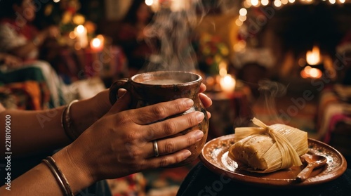 Holding clay mug of atole