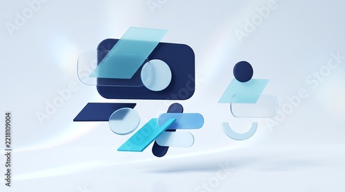 Abstract geometric shapes 3D render with floating glass and dark blue elements on light background