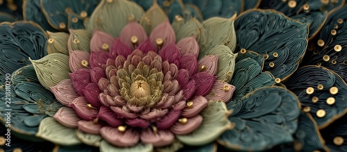 Beautiful pink lotus flower with green leaves.