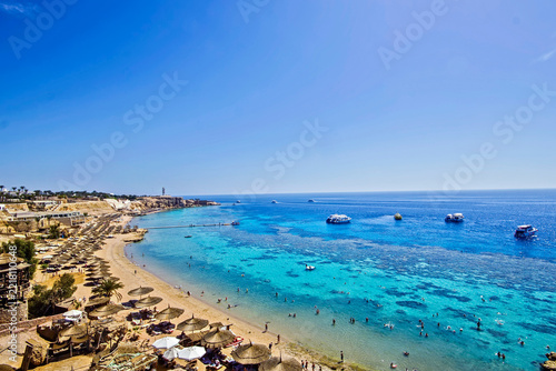 Stunning coastal panorama of Sharm El Sheikh coastline with vibrant turquoise Red Sea, Egypt.
