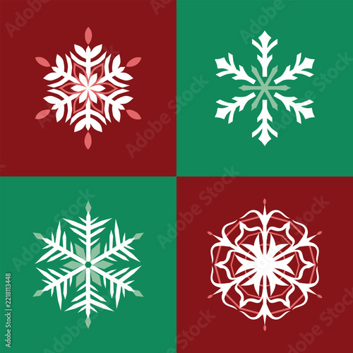 Flat Christmas snowflake icons set on red and green background. Geometric winter flakes vector illustration for holiday design.