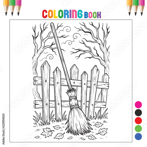 Witch Broomstick Leaning Against Wooden Fence with Fallen Autumn Leaves and Bare Trees Line Art Coloring Page for Kids and Adults