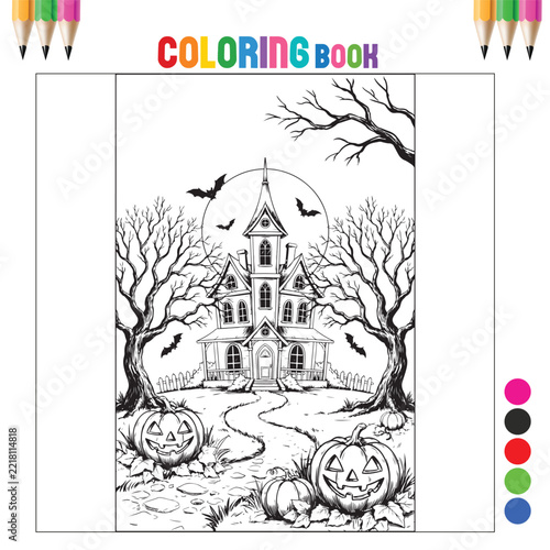 Spooky Halloween Haunted House with Full Moon Flying Bats Bare Trees and Jack-o'-Lantern Pumpkins Line Art Coloring Page for Kids and Adults