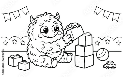 A playful monster is building a tower of blocks with festive decorations all around for a fun coloring experience