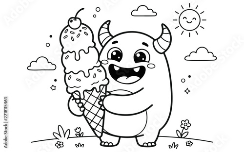 A delightful coloring page featuring a cute monster enjoying a huge ice cream cone on a sunny day