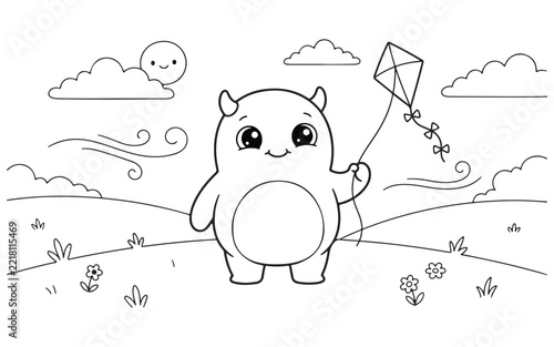 A delightful coloring page featuring a cute little monster flying a kite on a breezy day