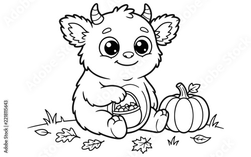 A delightful autumn scene featuring a cute monster with pumpkins and a basket of treats for coloring