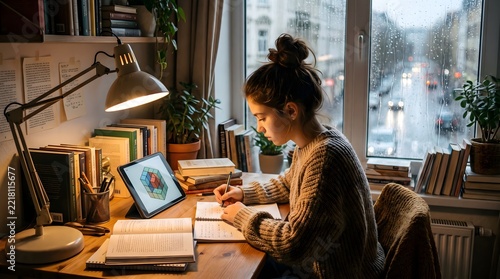 Student Focused at Cozy Home Desk on a Rainy Evening