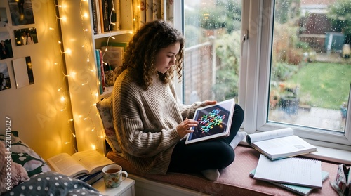 High School Student Viewing 3D Molecular Structure in Cozy Bedroom