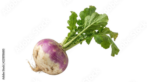 A vibrant purple turnip with green leaves on transparent background