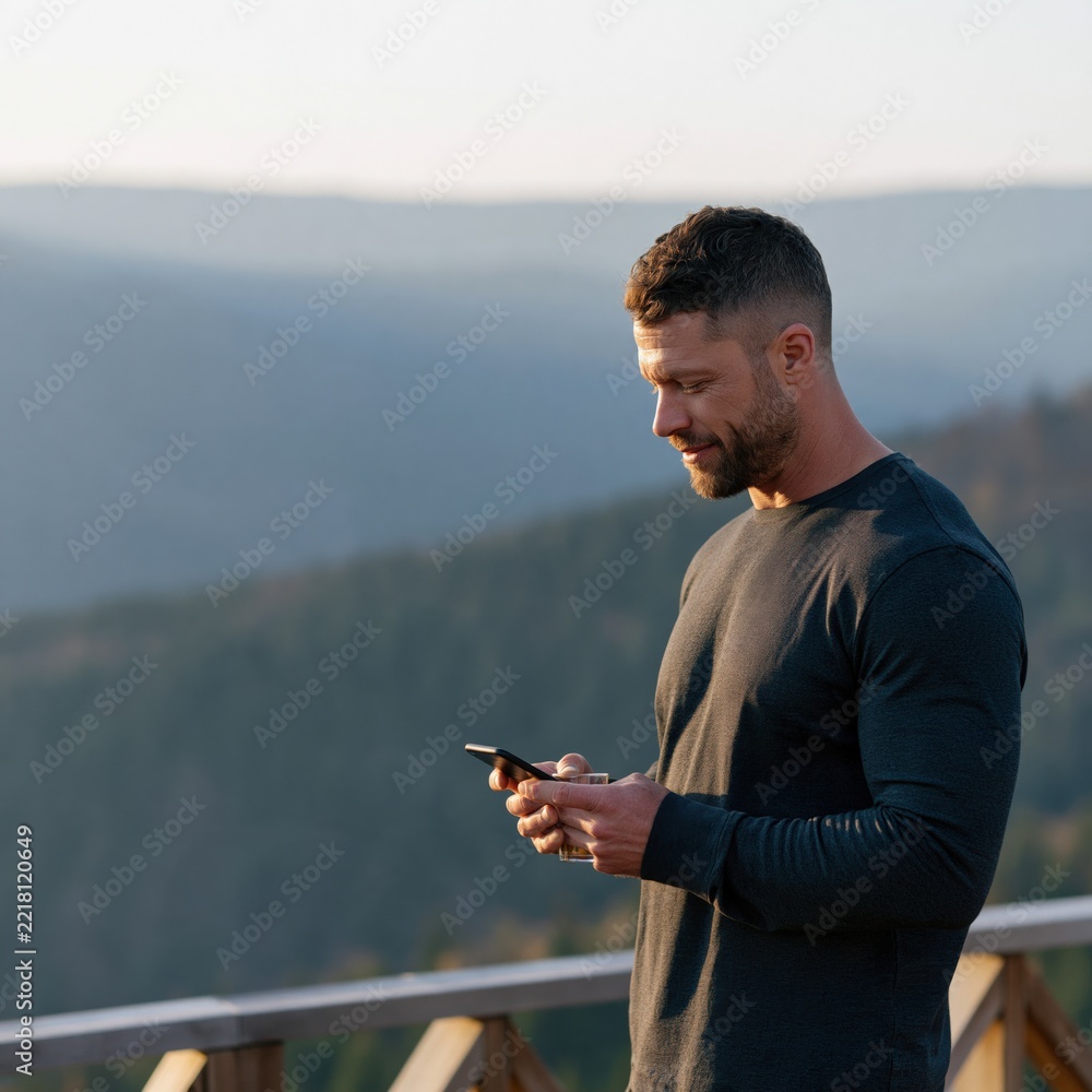 Fototapeta premium Man using phone on mountain balcony background with scenic sunrise view for banner and website background design