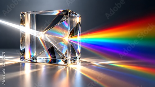 Transparent Optical Glass Cube with Internal Prismatic Light Refraction