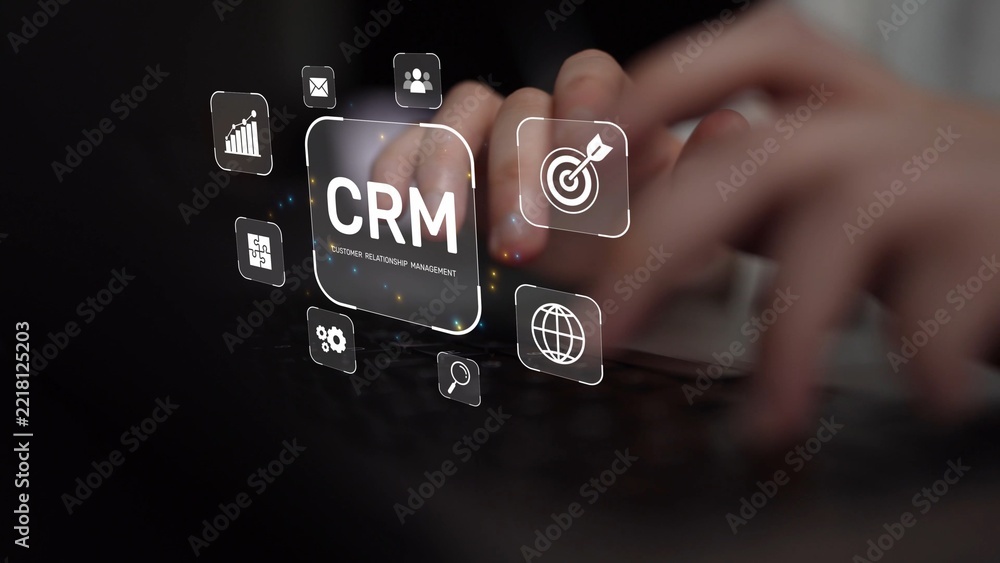 Fototapeta premium CRM platforms improve customer relationships through data analysis, CRM communication tools, and automation. CRM systems support customer management, tracking, and CRM relationship success. Muxer